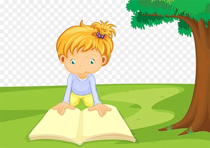 卡通插图趴在草地上看书的小女孩