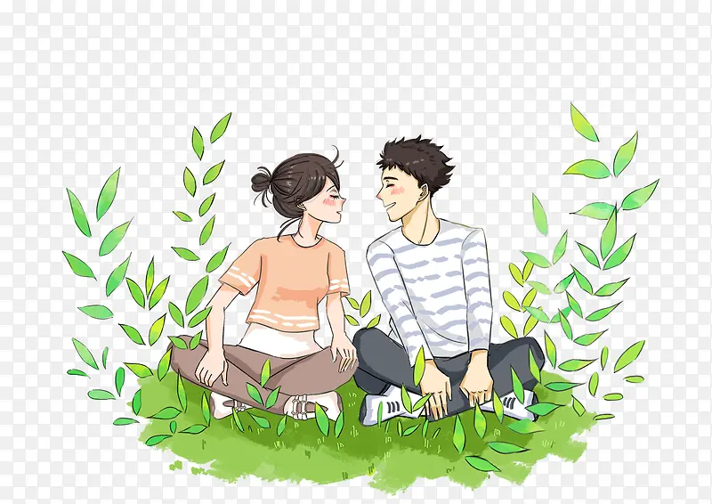手绘水彩插图坐在草地上的情侣插