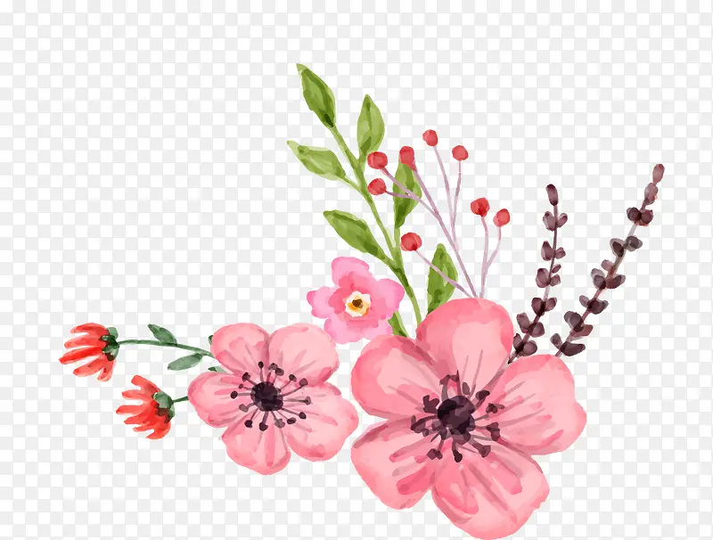 粉色桃花水彩叶子装饰图案
