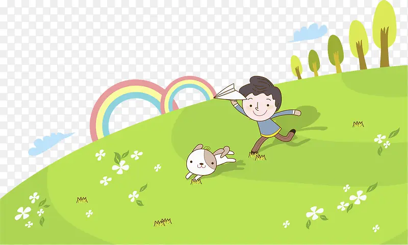 小男孩和宠物在草坪玩耍