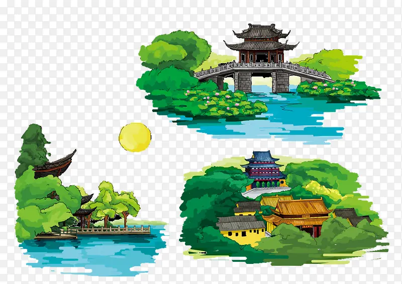 清新彩绘自创设计旅游杭州地标免