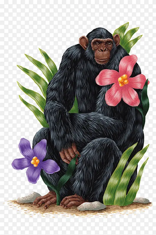 花丛中的黑猩猩