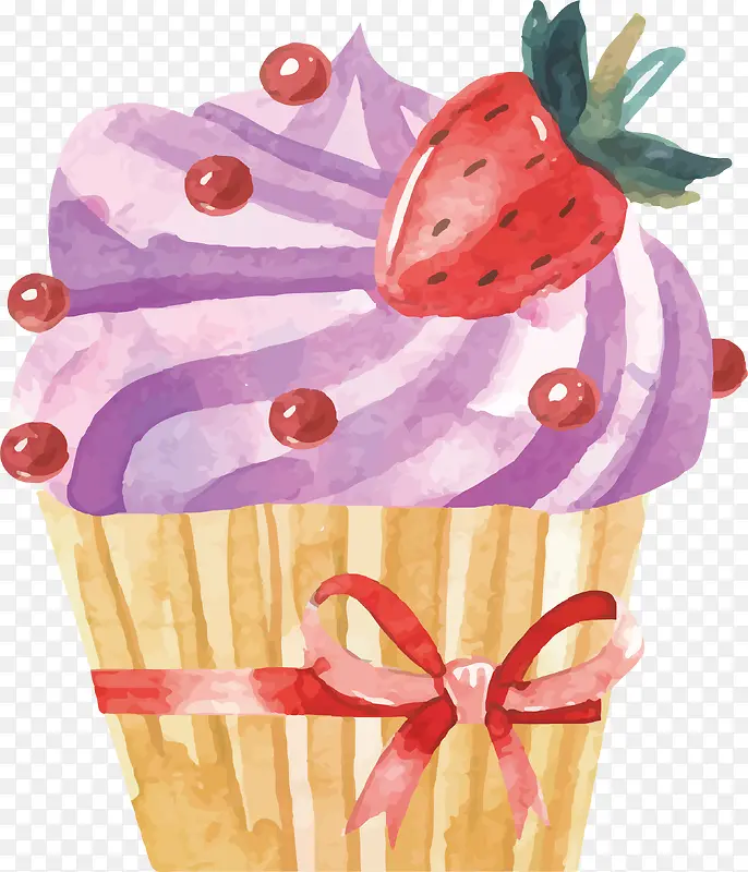 矢量手绘水彩纸杯草莓蛋糕