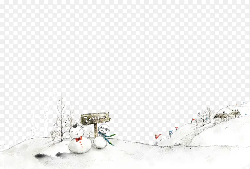 手绘雪地里的房子雪人