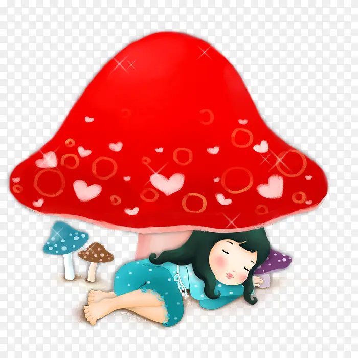 卡通蘑菇下睡觉的小女孩