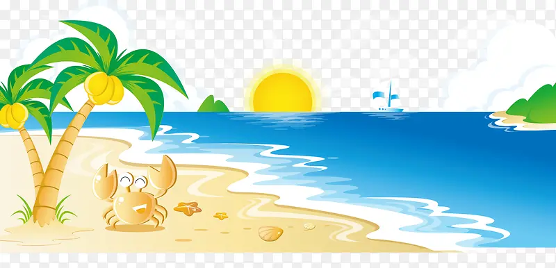 矢量卡通海上沙滩椰树螃蟹太阳