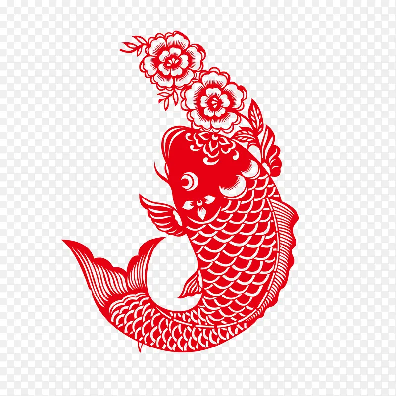红色鲤鱼中国传统剪纸装饰纹样