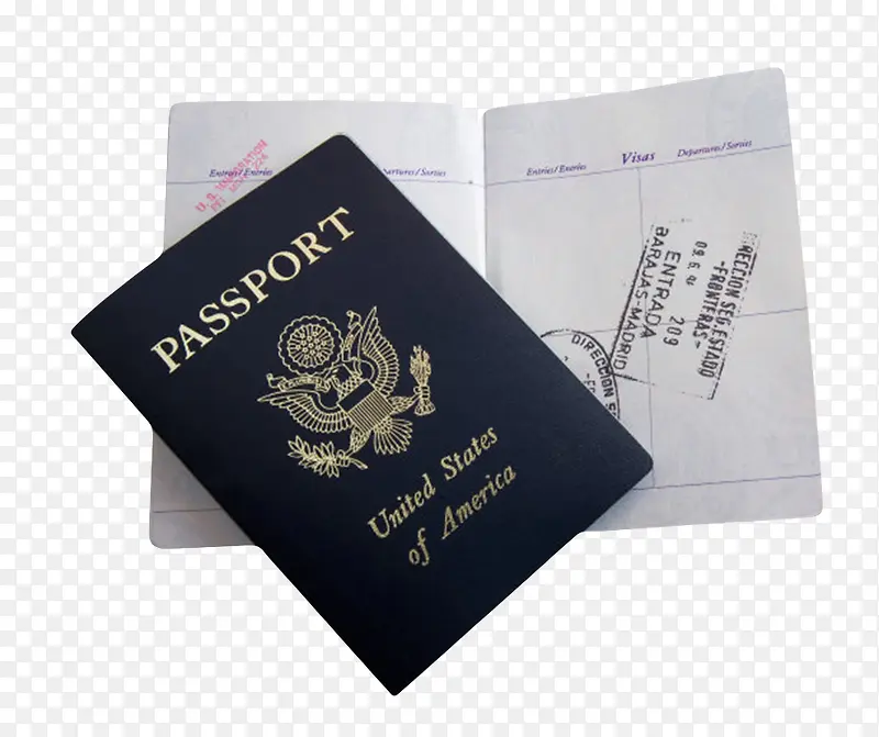 蓝色美国护照本压着翻开的护照本