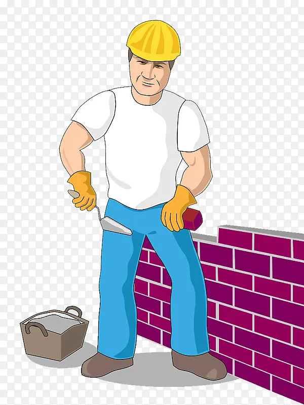 矢量插图建筑工人方砖堆砌墙面