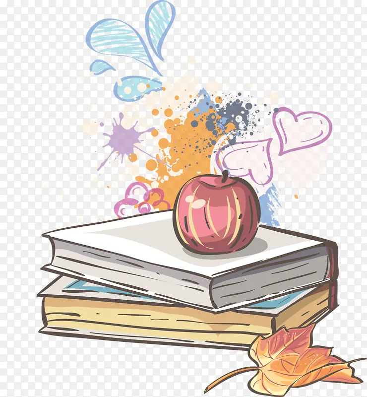 手绘书本和苹果