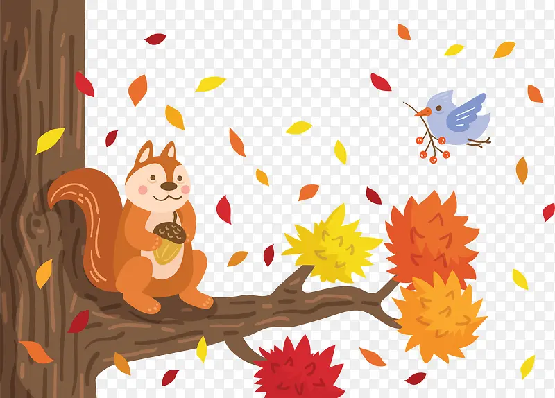 秋天落叶树枝松鼠