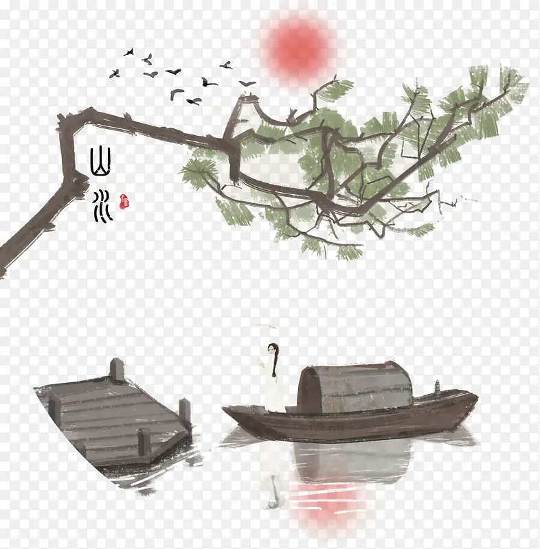 中国风装饰山水水墨插画素材