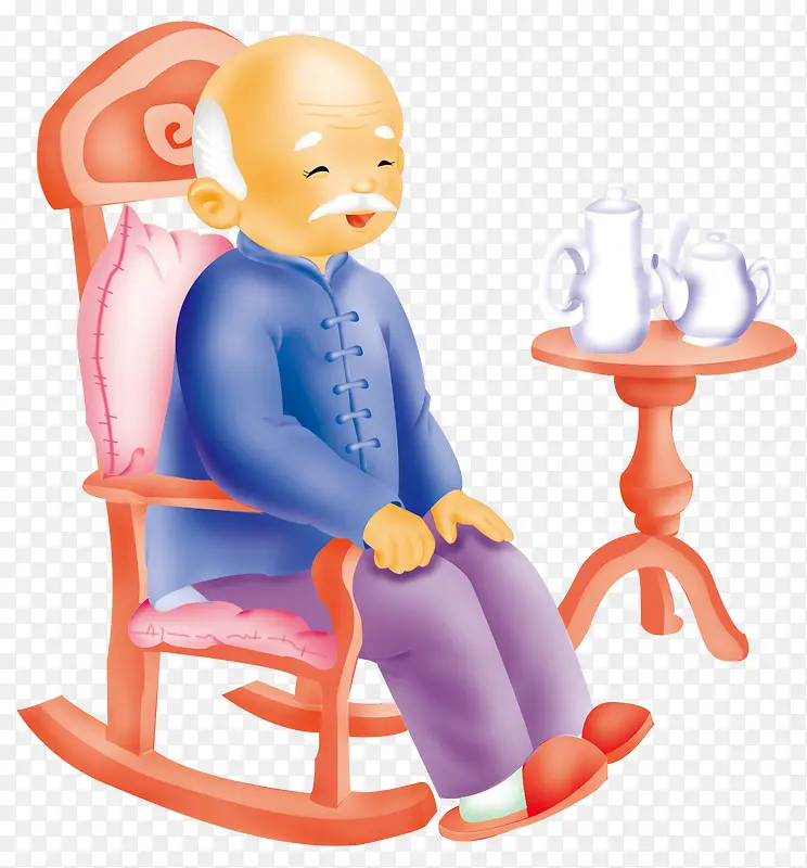 卡通老人坐在摇摇椅上喝茶
