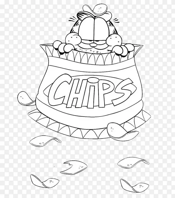 手绘卡通加菲猫吃薯片