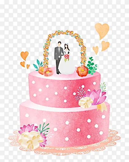 手绘粉色圆点蛋糕集体婚礼