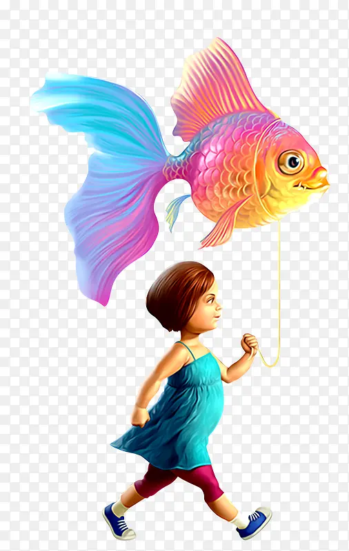 卡通手绘3D拿着金鱼气球的小女孩