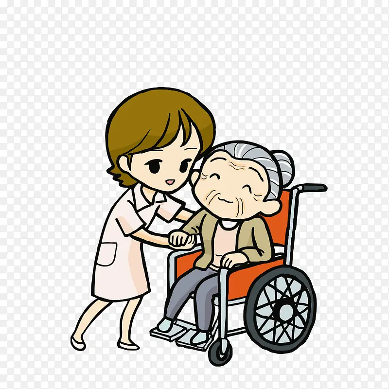 卡通扶起做轮椅的老奶奶的女医生