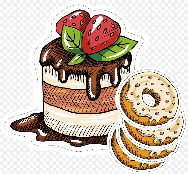 甜甜圈草莓蛋糕矢量手绘可爱咖啡