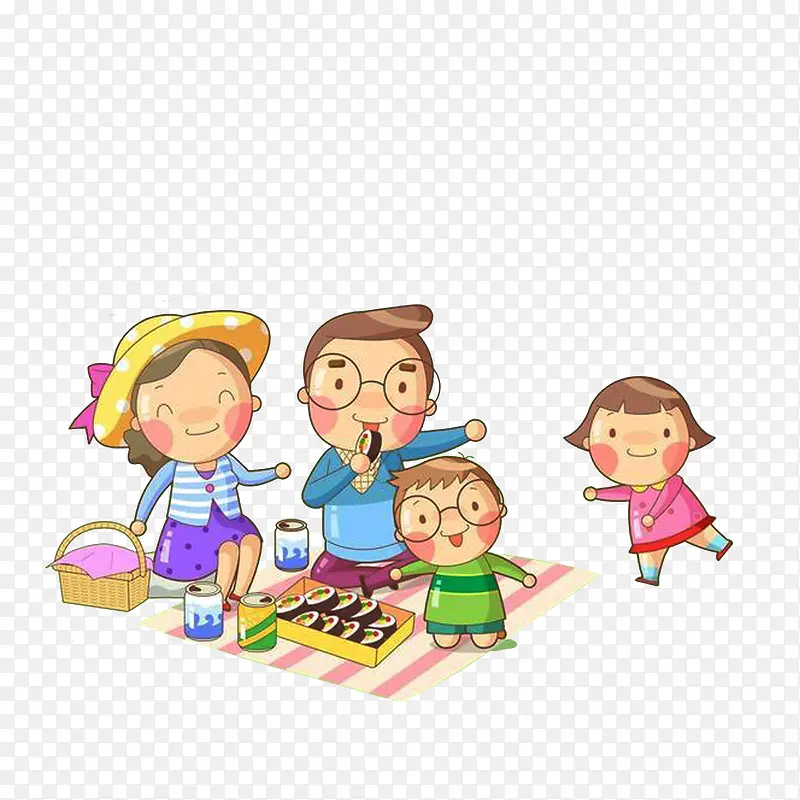 卡通一家人开心野餐素材
