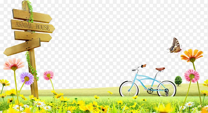 自行车草地花丛自然风光背景