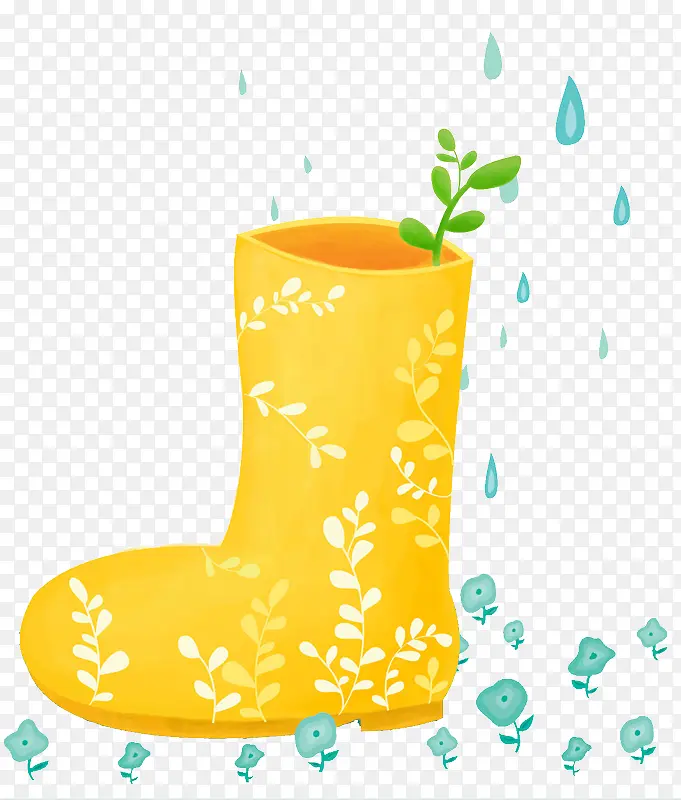 手绘水彩插画黄色雨靴