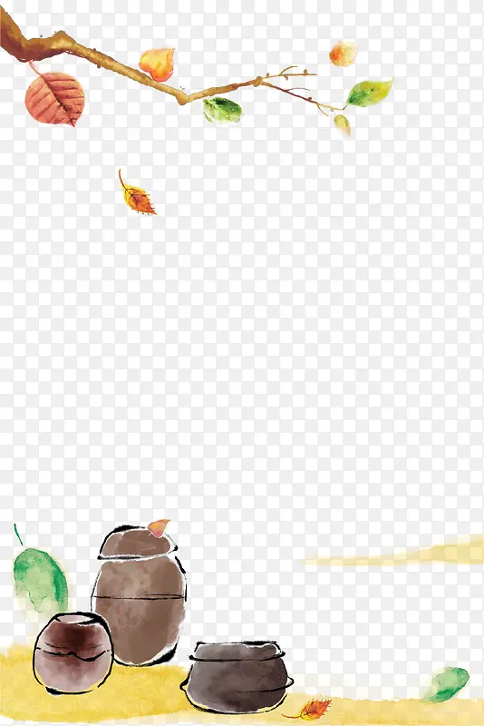 清新手绘瓦罐落叶背景