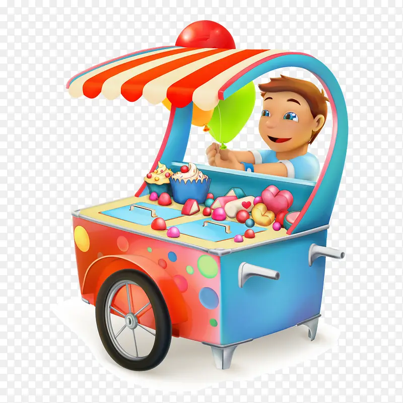彩色糖果车前边的小男孩
