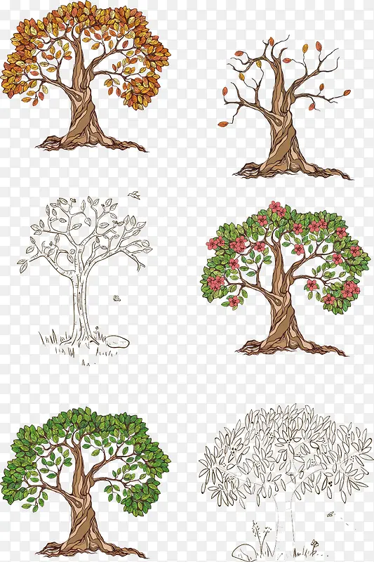 手绘彩绘树木矢量图形