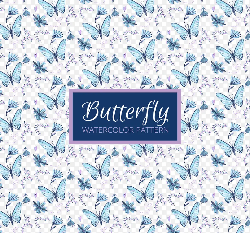 蓝色蝴蝶和花卉无缝背景PNG