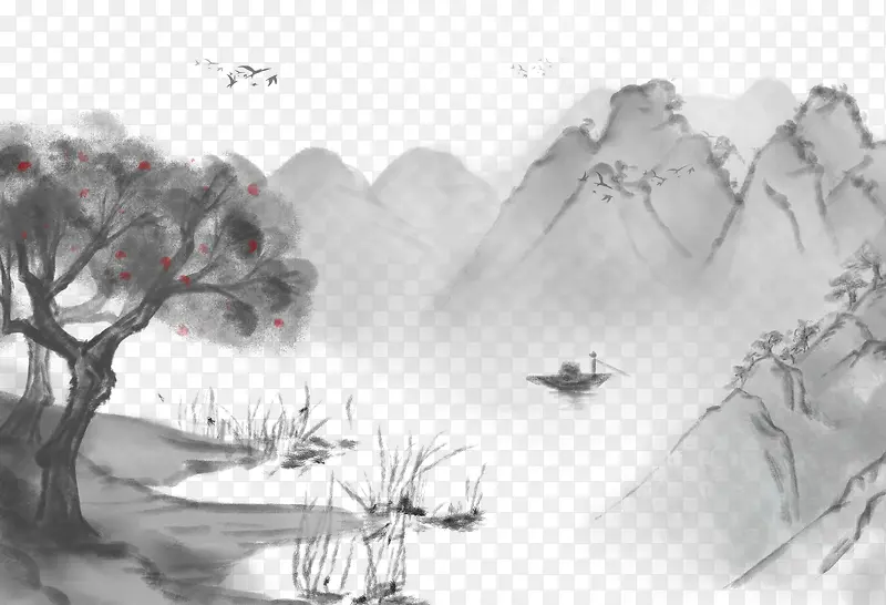 中国风水墨山水插画元素