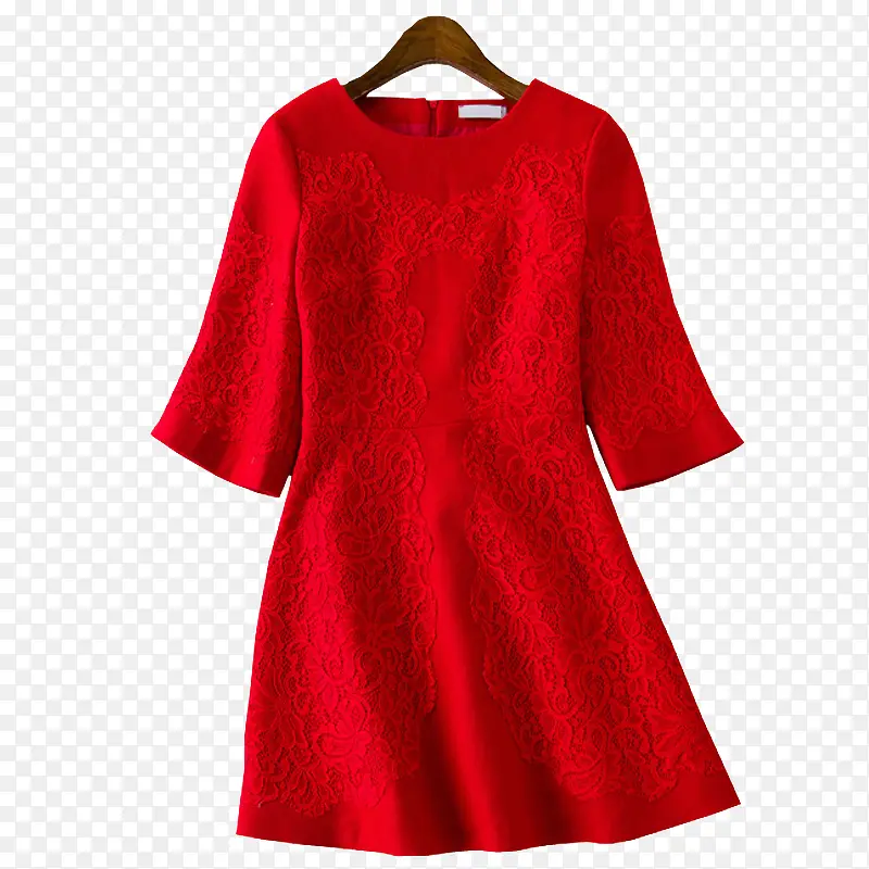 红色毛呢花纹连衣裙