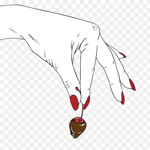 红指甲的手拿着蘸着巧克力的樱桃
