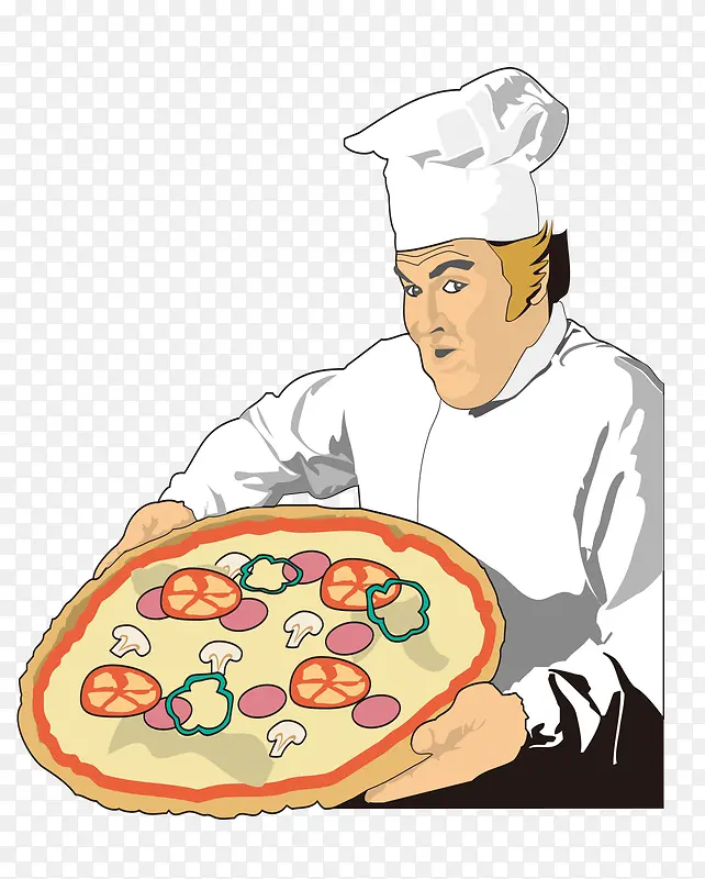 卡通端着披萨的厨师