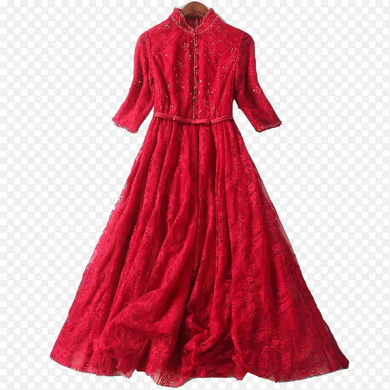镂空刺绣蕾丝红色裙子