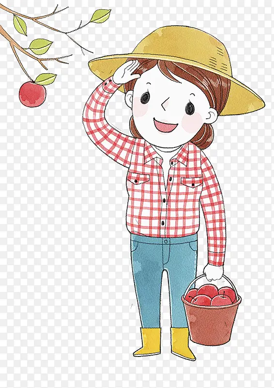 卡通人物插图摘果子的农村女孩