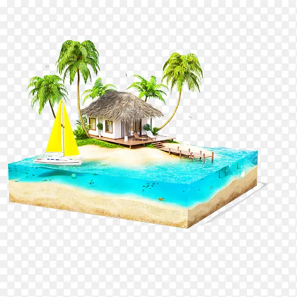 立体帆船椰子树岛屿