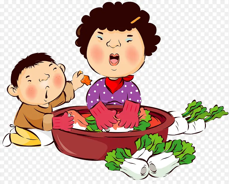 卡通手绘洗菜的母亲插画