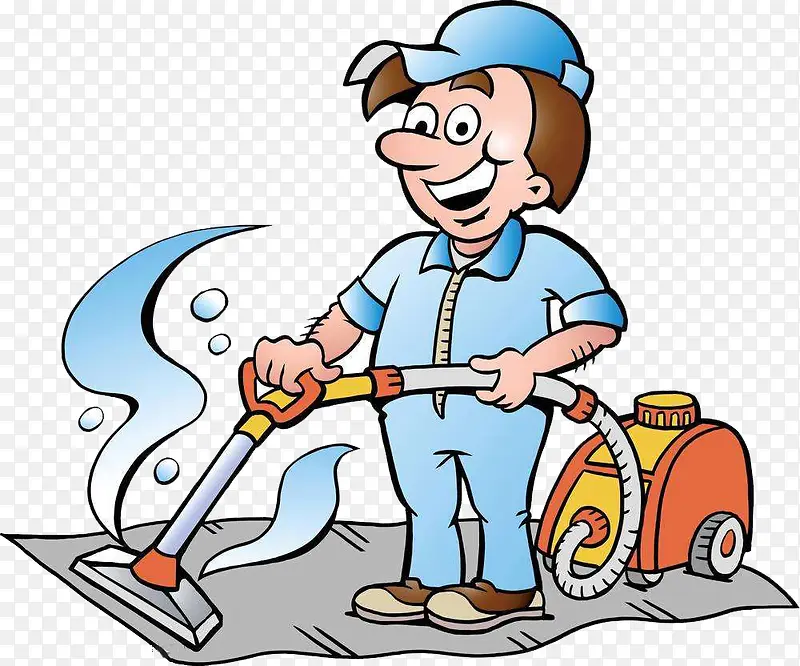 手持吸尘器的卡通男性清洁工