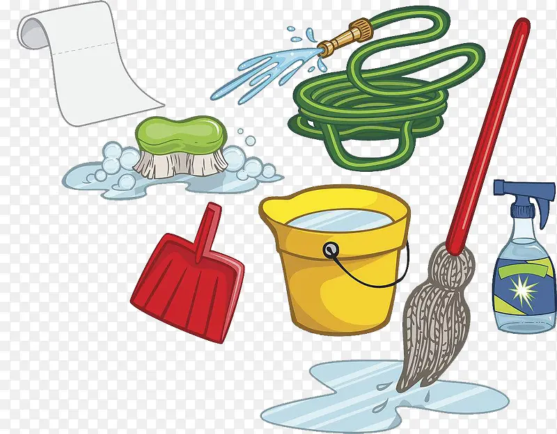 卡通清洁工使用清洁工具图案