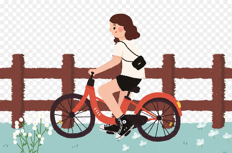 骑着自行车的美女旅行郊游