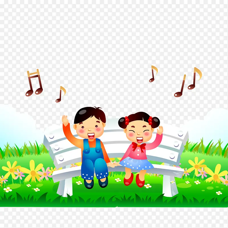 卡通在长椅上唱歌的小孩