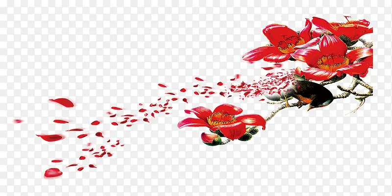 红色中国画花朵散落素材