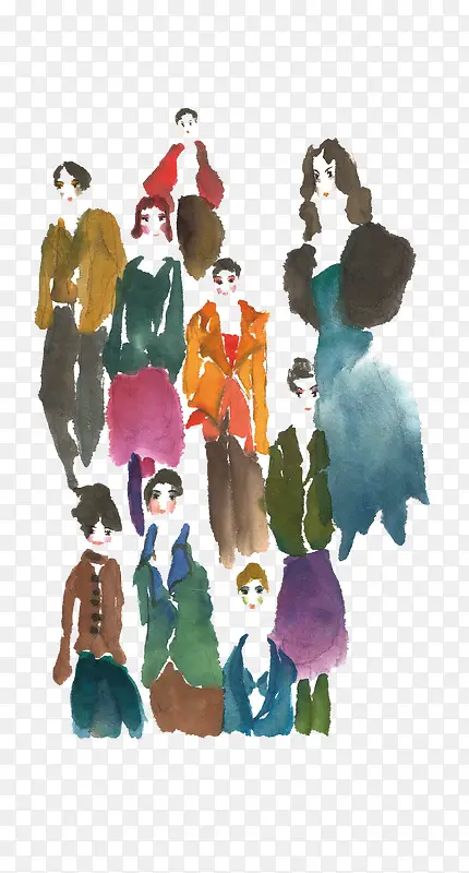 手绘水彩人物插图一群女人