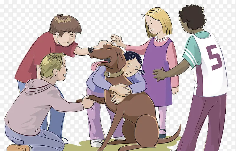 卡通插图与狗玩闹的小孩子们