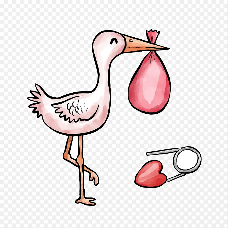 粉红色鸟心形别针手绘水彩婴儿用