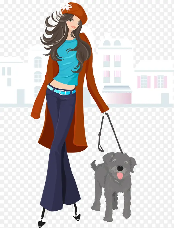 时尚插图牵着小狗的时髦女郎