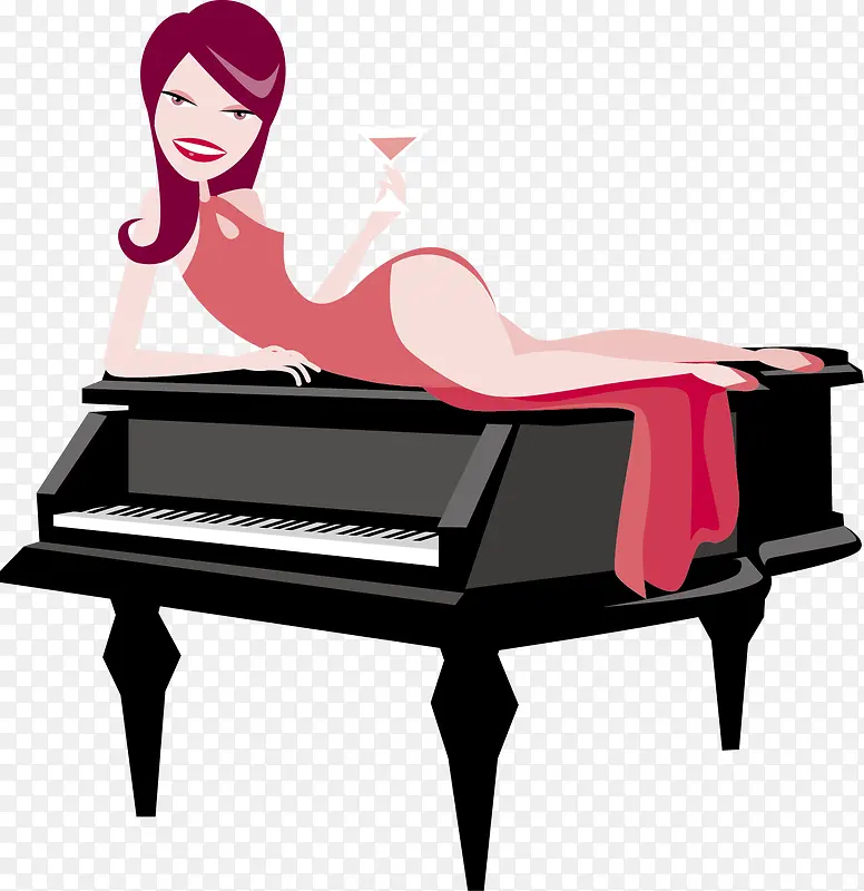 躺在钢琴上喝酒的红唇时尚女人