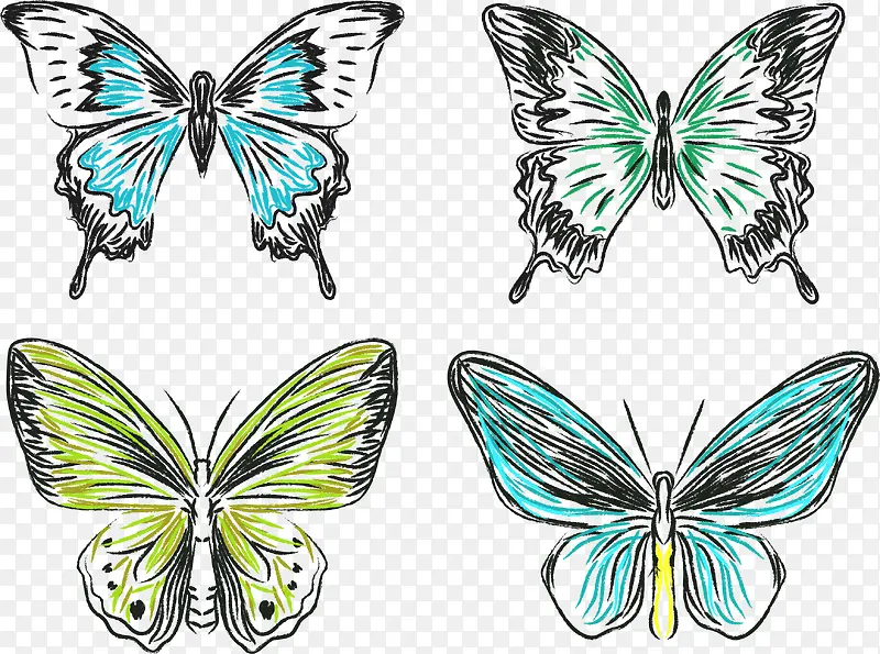 4款彩笔手绘蝴蝶设计矢量素材
