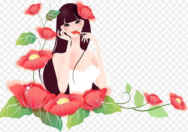 女孩和粉红色花朵卡通矢量插画
