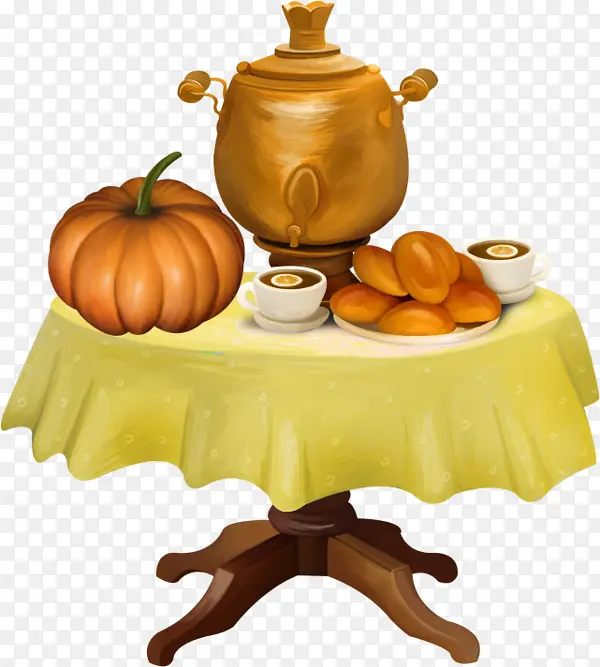 手绘桌上的茶壶及食物